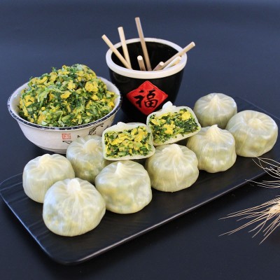 今三麦水晶薄皮素包韭菜鸡蛋纯素包点早餐半成品食品厂家定制批发图4